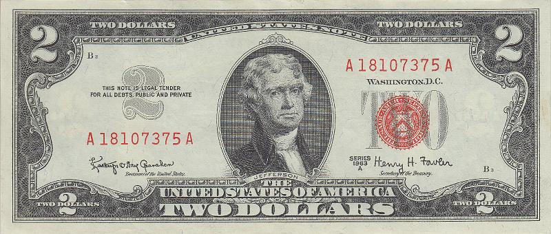 USA_10_A.JPG - США, 1963г., 2 доллара (красная печать).