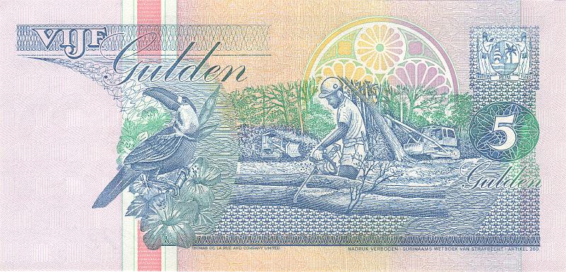 SUR_01_B.JPG - Suriname, 5 guldens, UNC.